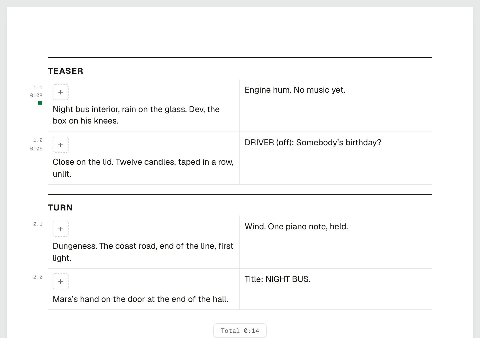 An AV script with Visual and Audio columns. Each row shows its number, duration, and review status.