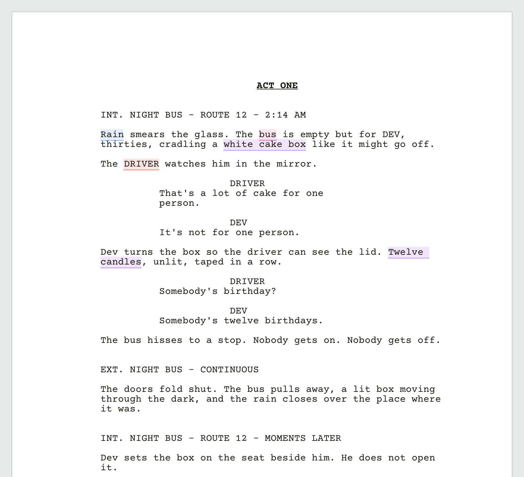 A screenplay with colored text for cast, prop, and vehicle tags.