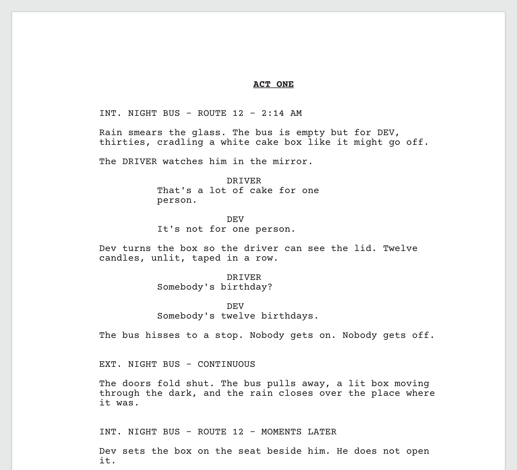 The screenplay editor with formatted scene headings, action, character cues and dialogue.