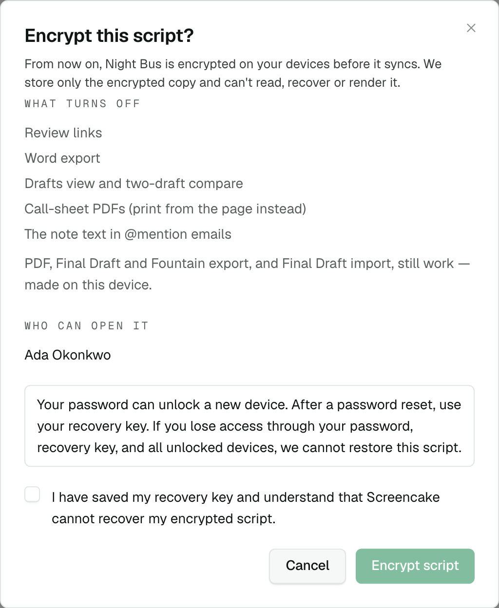 The encryption dialog lists unavailable features and collaborator access. A warning explains recovery requirements.