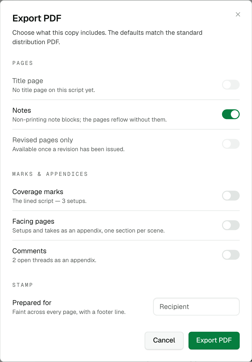 The Export PDF dialog with page, coverage, appendix, and recipient-stamp options. Unavailable options include an explanation.