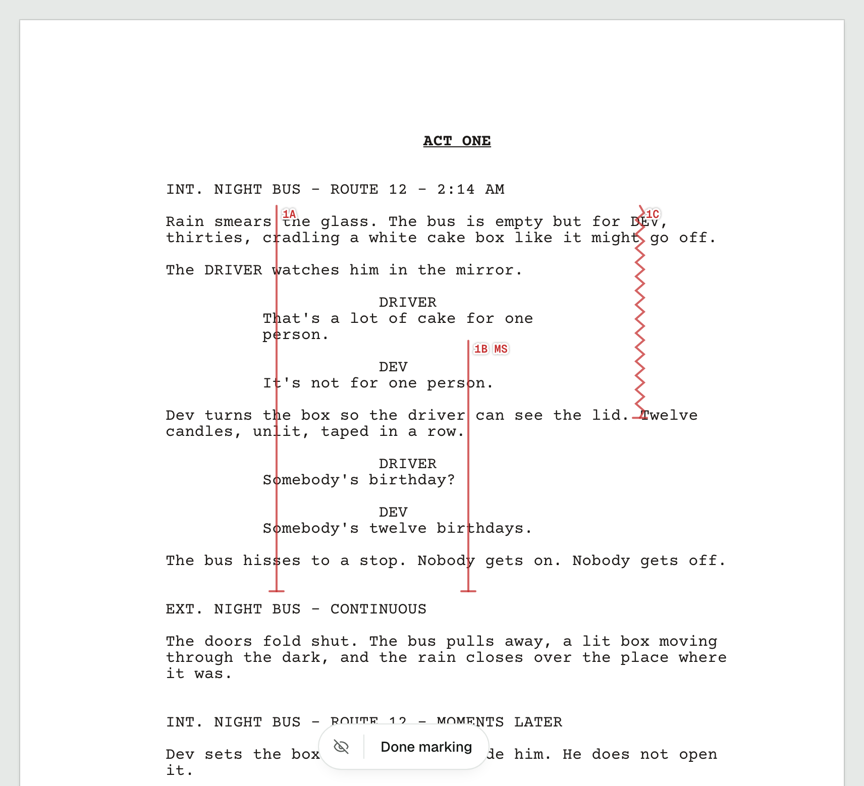 Coverage lines beside the screenplay showing the portions covered by each shot.