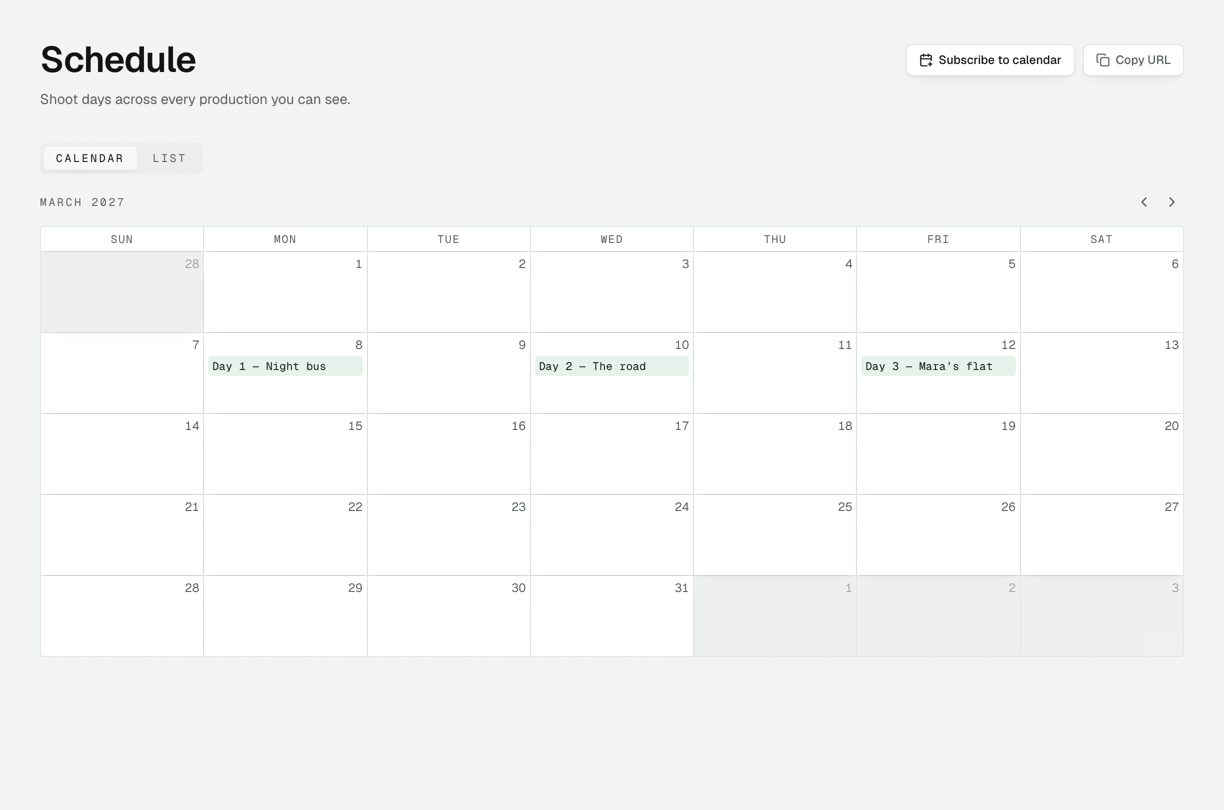 Night Bus production events and shoot days on the calendar.