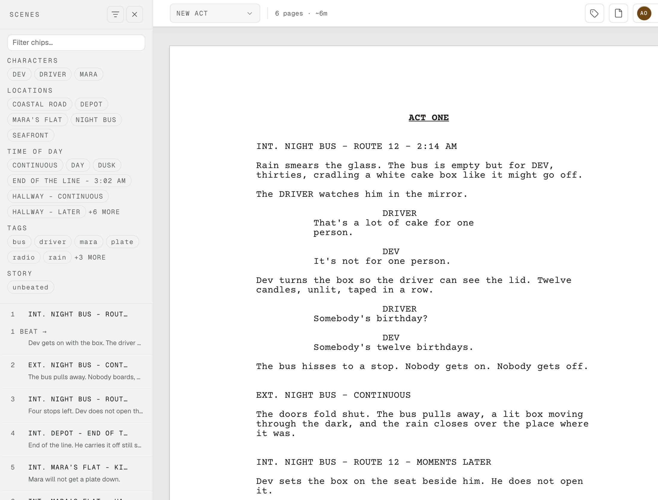 The scene filter panel with a search field and filter controls above the scene list.