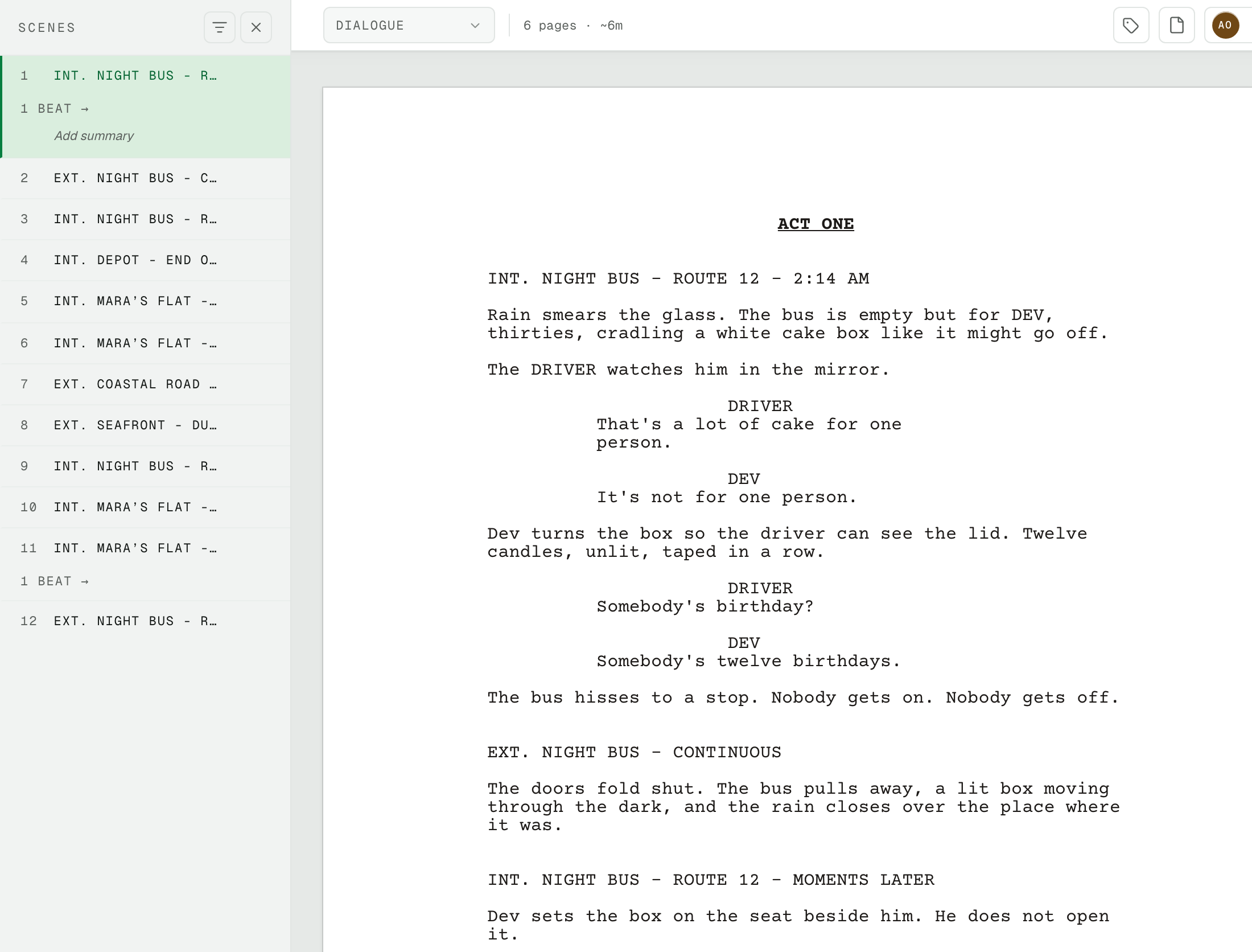 The scene navigator lists twelve numbered scene headings in script order.