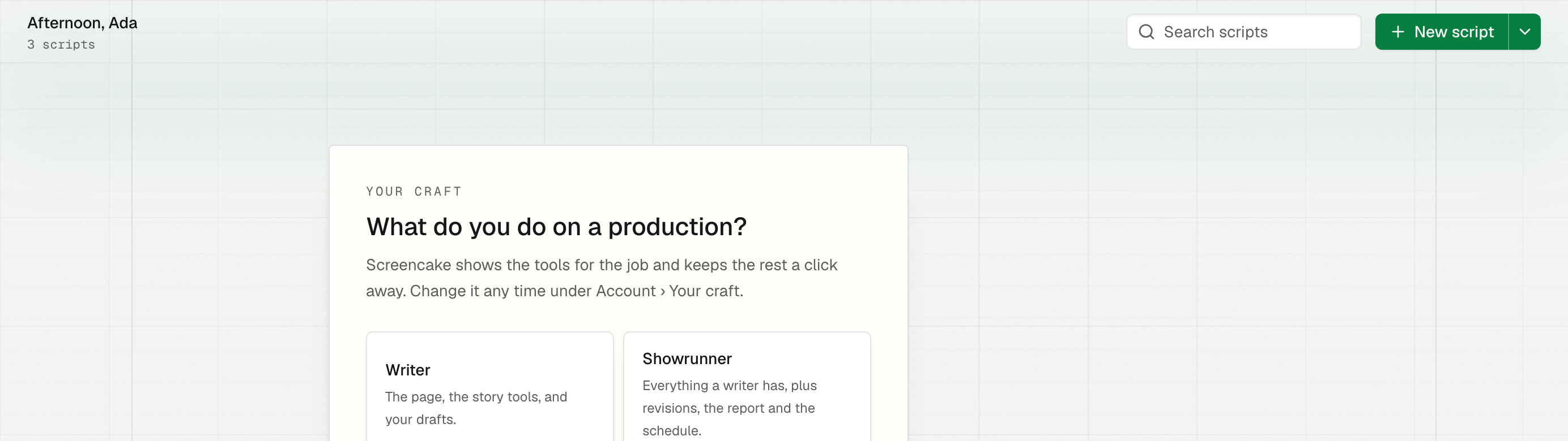 The Library with a script card, search field, and New script button. The card shows page count and offline availability.