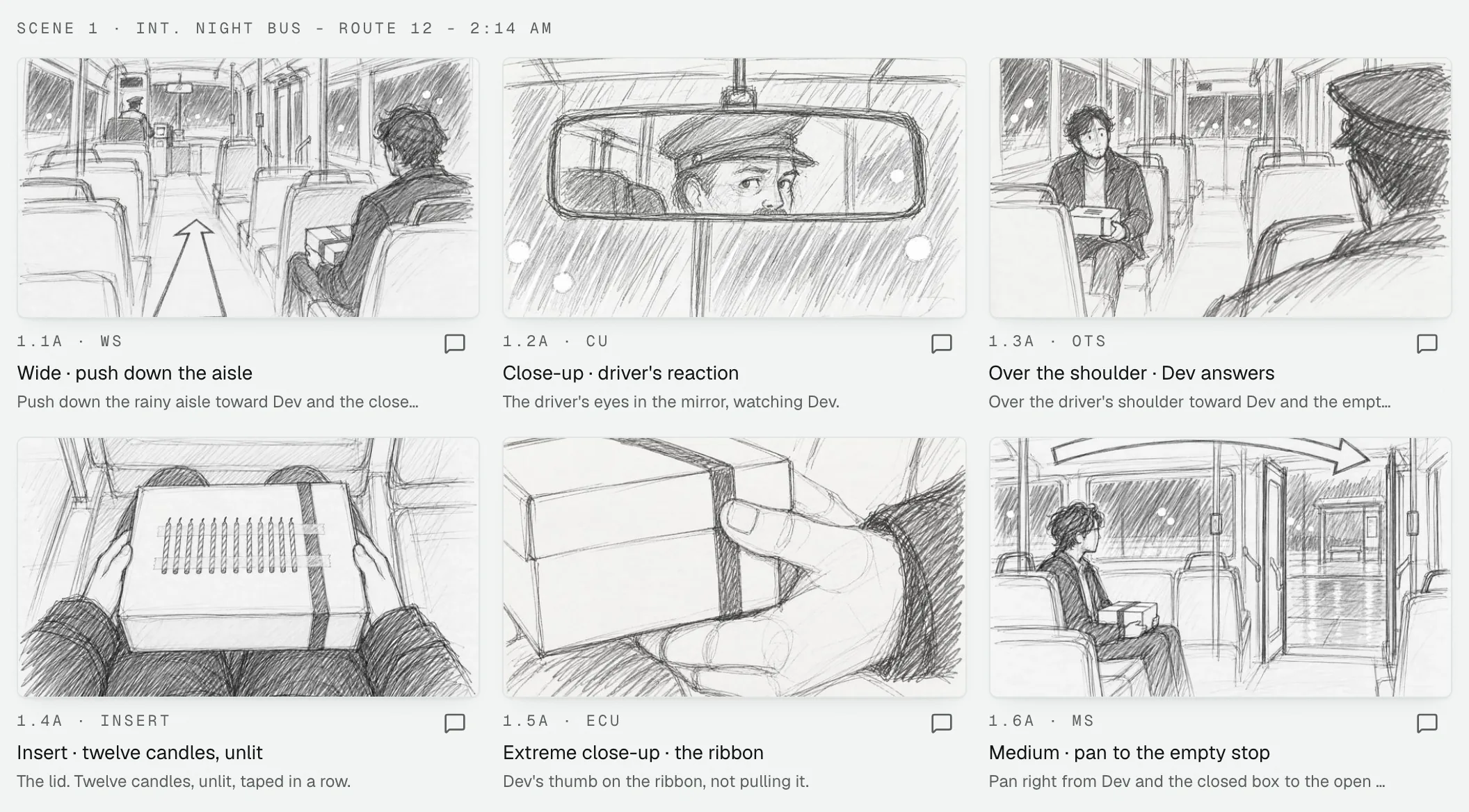 Night Bus shot cards with storyboard frames attached to the screenplay scene.