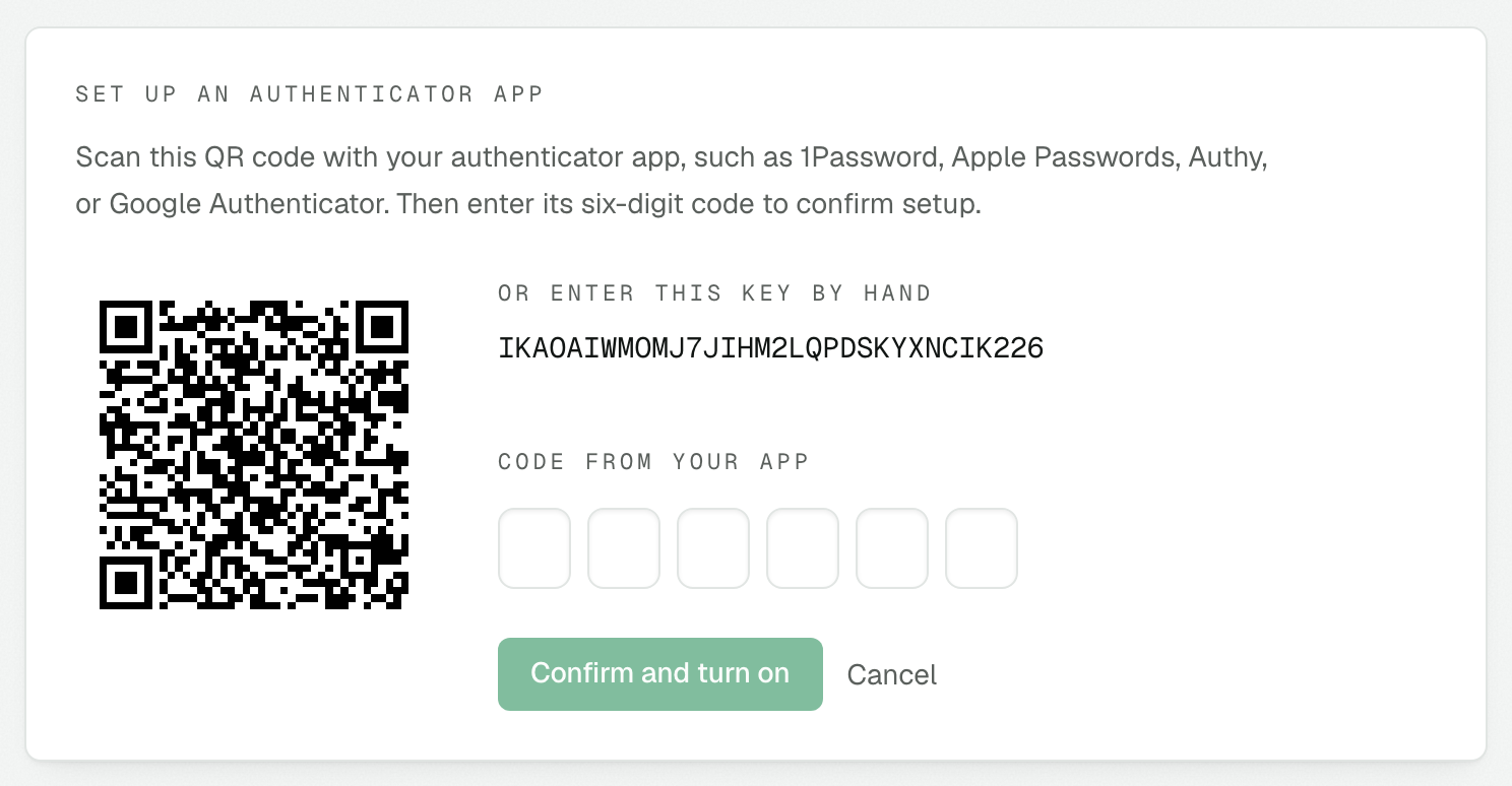 Authenticator setup with a QR code, a text key, a six-digit code field, and a confirmation button.