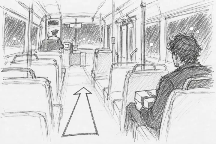 Rough pencil storyboard of Dev alone on the bus with a closed cake box. An outlined arrow marks a camera push down the aisle.